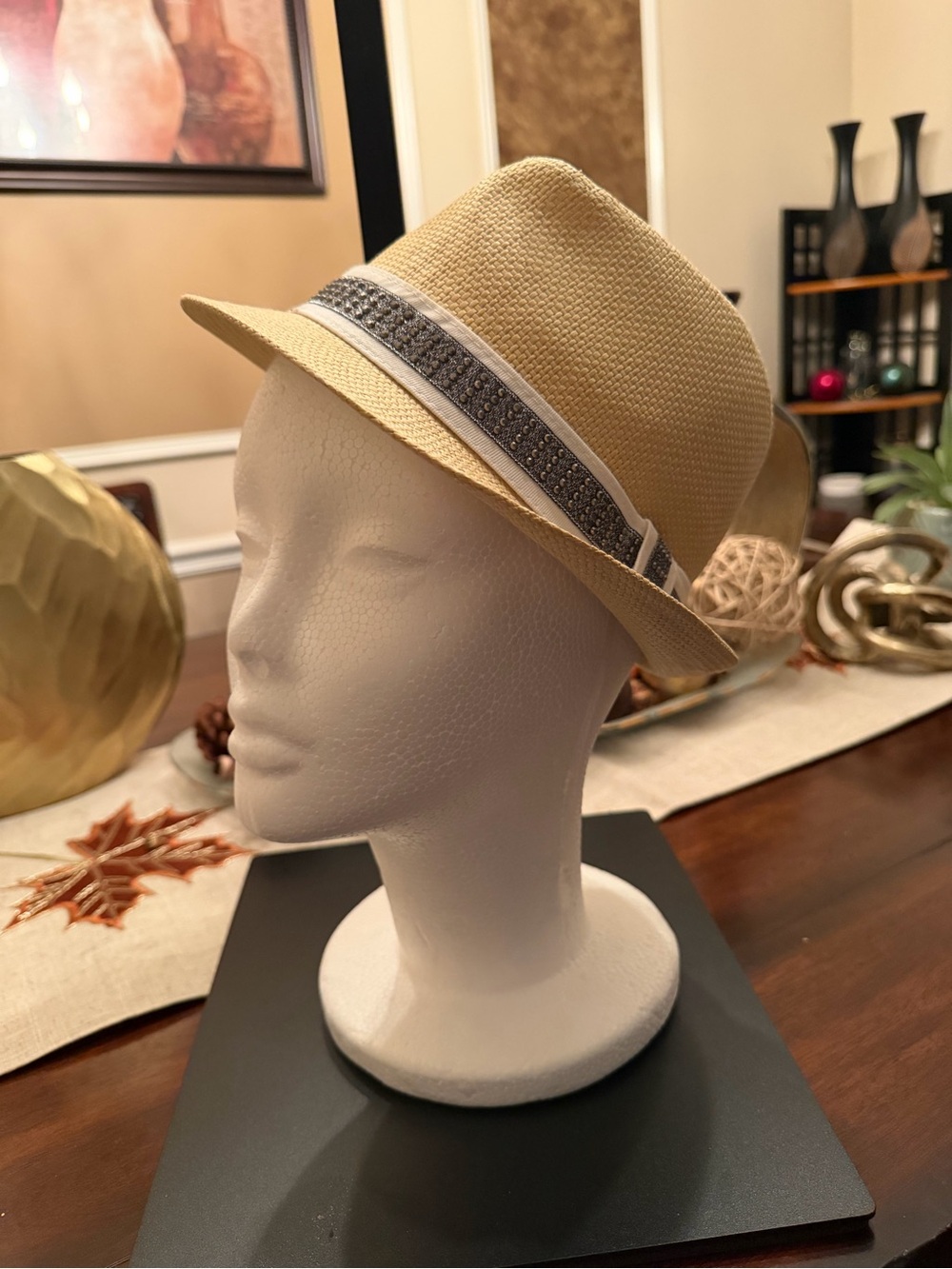 Beige Straw Fedora with Decorative Gray Band